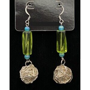 Handmade Wire Wrap Ball with Green Glass & Aqua Bead Earrings by Neanie-Bot